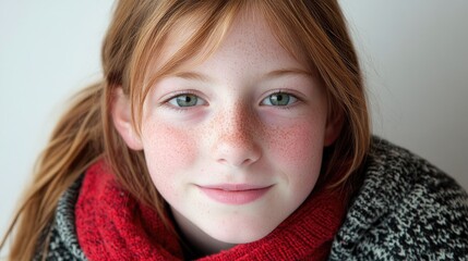 Portrait of a young girl with red hair and freckles wearing a cozy scarf against a neutral background showcasing natural beauty and innocence