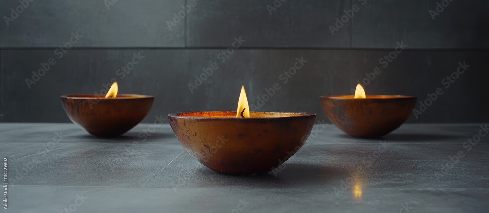 Aufkleber golden candles glowing in handcrafted bowls set against a sleek silver backdrop enhancing modern ele