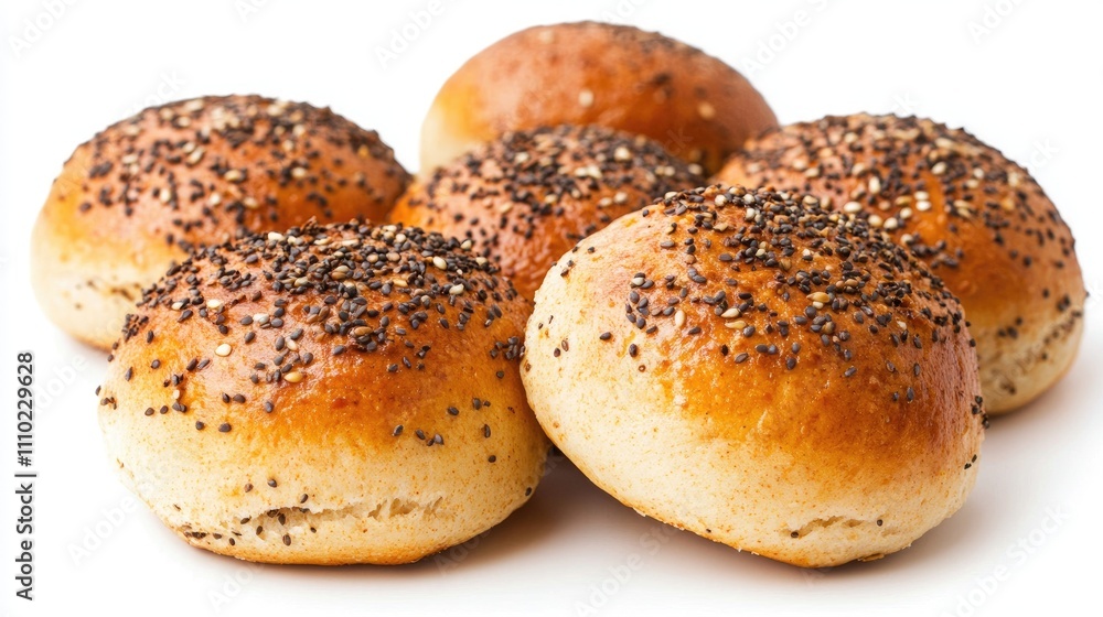 Aufkleber freshly baked wheat buns topped with poppy seeds arranged on a white background perfect for bakery o