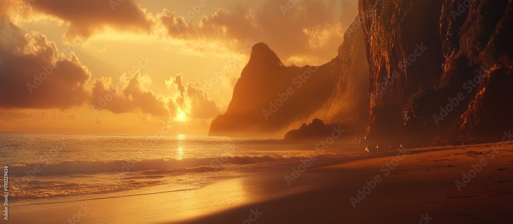 Poster serene coastal landscape at sunset with golden hues illuminating cliffs and calm waves on a tranquil