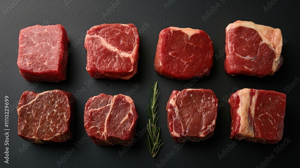 Poster Assorted premium meat cuts arranged on a dark background showcasing texture and quality with a sprig of rosemary for garnish.