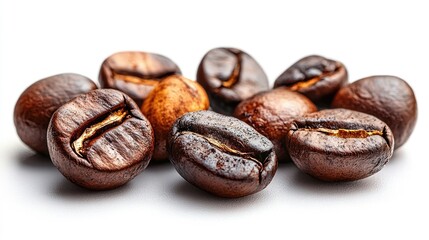 Obraz premium Coffee beans arranged on a white background showcasing rich colors and textures of roasted coffee for beverage and culinary designs.