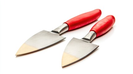 Construction tools set featuring trowels with red handles isolated on white background suitable for masonry and building applications.