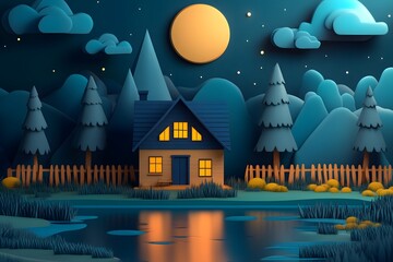 Obraz premium Little decorative cute small houses in snow at night in winter, Christmas and New Year miniature house in the snow at night with fir tree. Holiday concept. Selective focus 