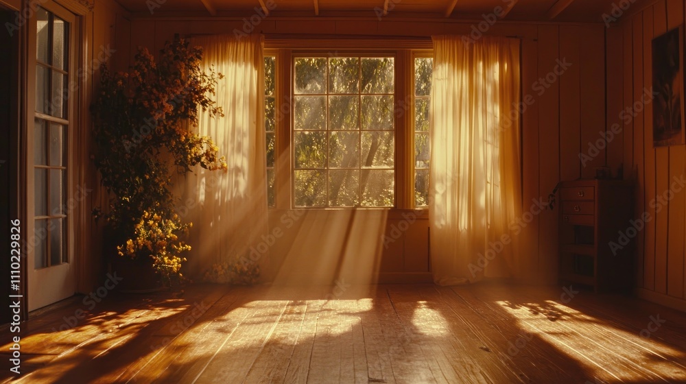 Poster sunlight streaming through windows in a rustic interior with wooden flooring, creating a warm and in