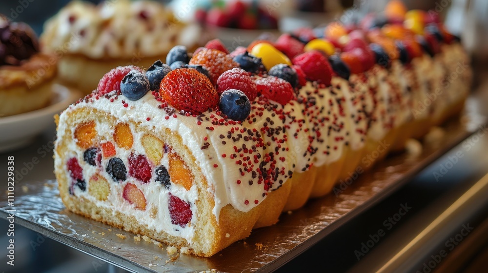 Poster delicious fruit cake roll decorated with colorful berries and whipped cream on a festive display tab