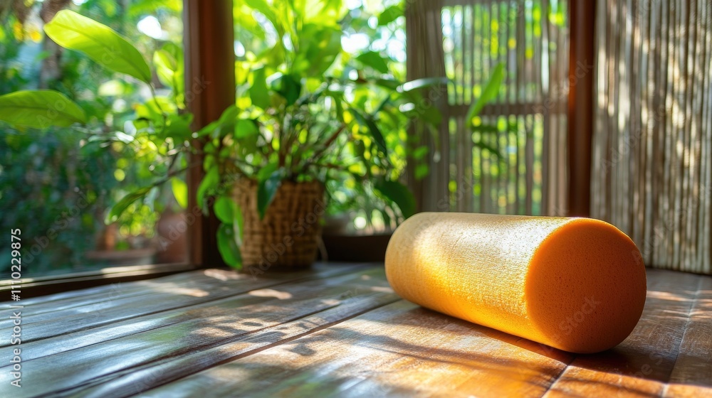 Poster yoga foam roller resting on a wooden table with natural light and lush greenery in the background cr