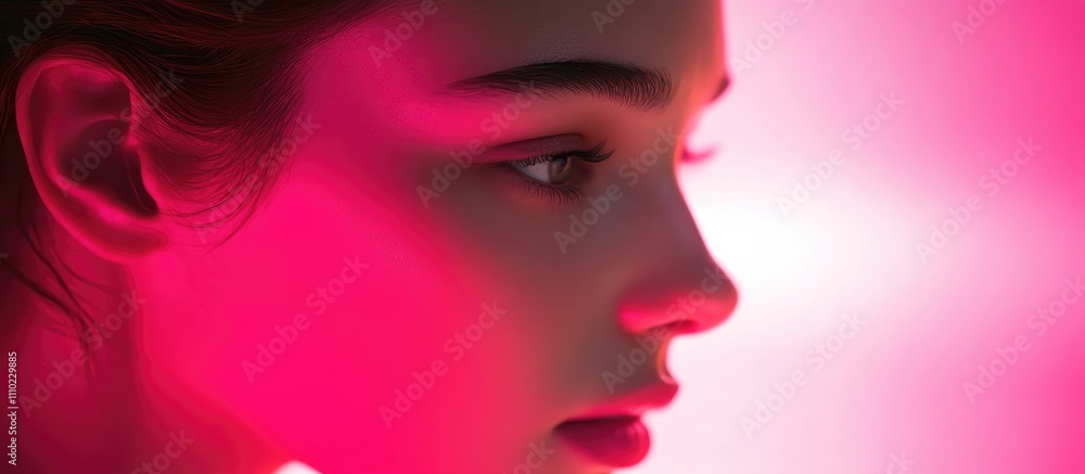 Poster profile of a woman softly lit by pink light creating an ethereal and captivating atmosphere highligh