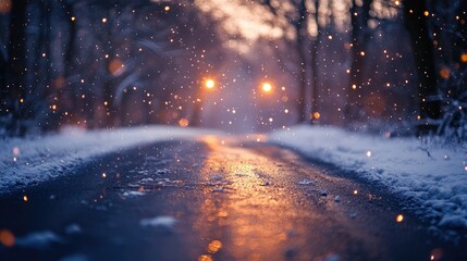 Winter evening road with falling snow and glowing street lights in a serene forest setting.