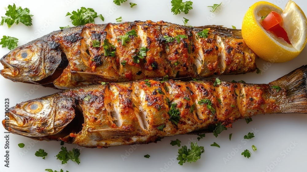 Aufkleber grilled spicy fish garnished with herbs and lemon slice viewed from above on a white background