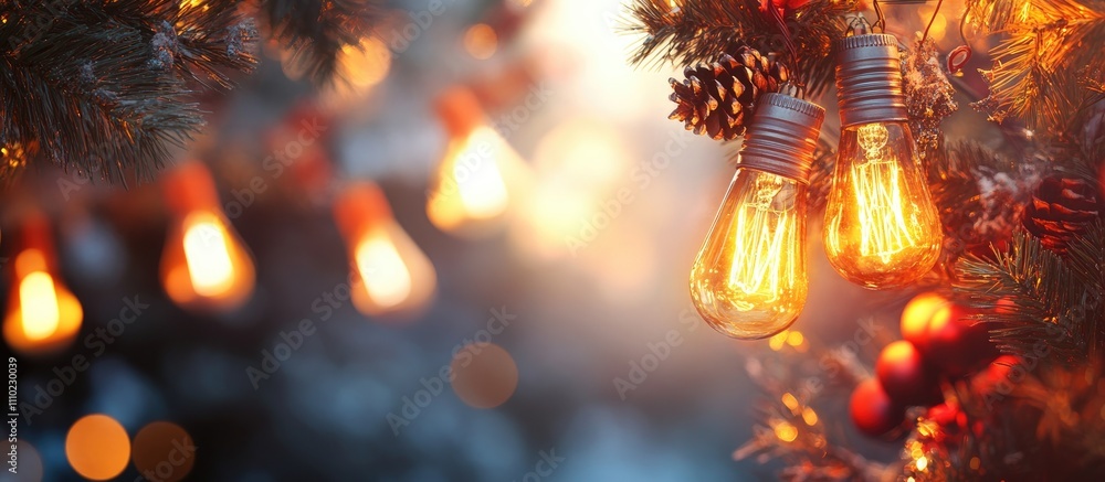 Poster glowing vintage lamp bulbs illuminating festive decorations in a blurred background creating a warm 
