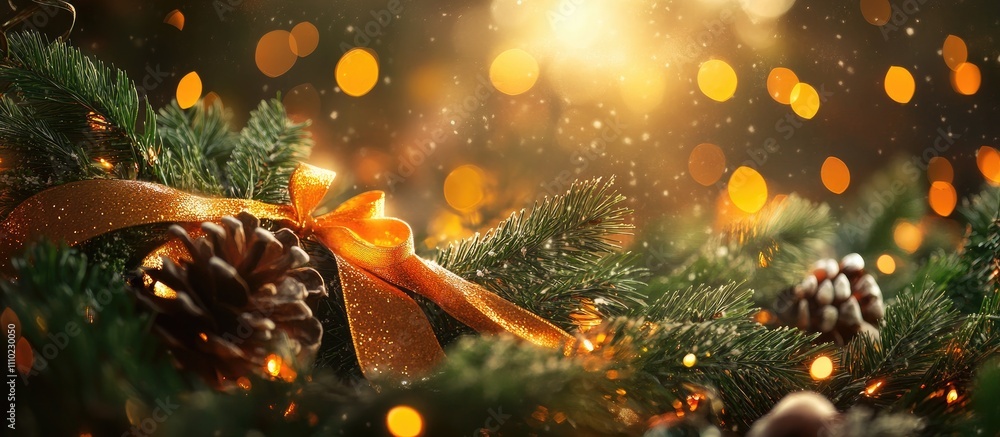 Poster warm holiday decorations with festive ribbons and pine cones illuminated by soft bokeh lights and gl