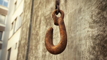 Rusty crane hook detail at a construction site with a textured wall background. Industrial equipment used for heavy lifting in construction.