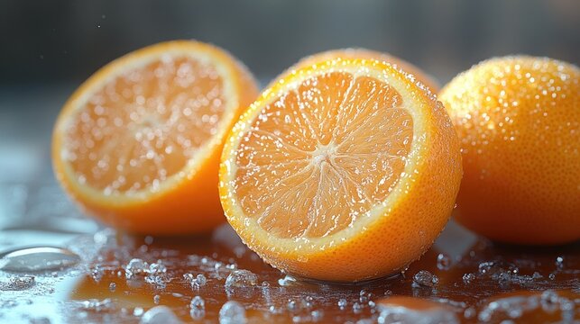 Fresh kumquats with vibrant orange color and water droplets on a wooden surface showcasing natural textures and fruit freshness. - Powered by Adobe