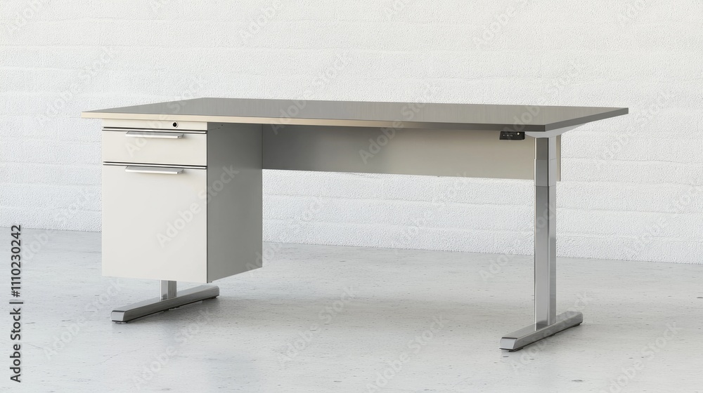Aufkleber office desk with stainless steel base and smooth metal surface against a minimalistic background sho