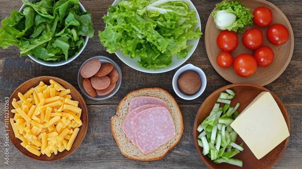 Poster ingredients for a healthy sandwich with ham cheese tomatoes lettuce onions arranged on a wooden tabl