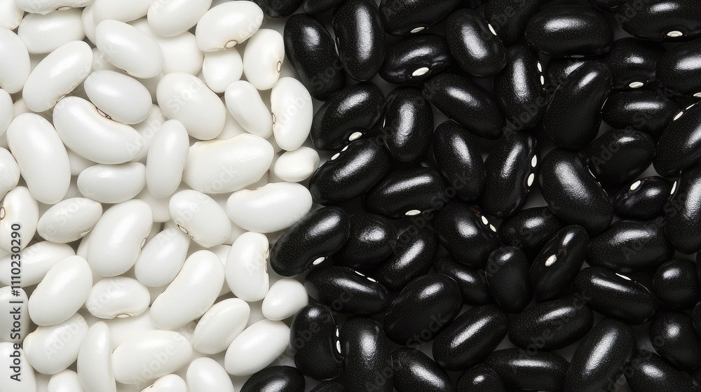 Poster monochrome assortment of black and white beans showcasing contrast and texture for culinary and desi