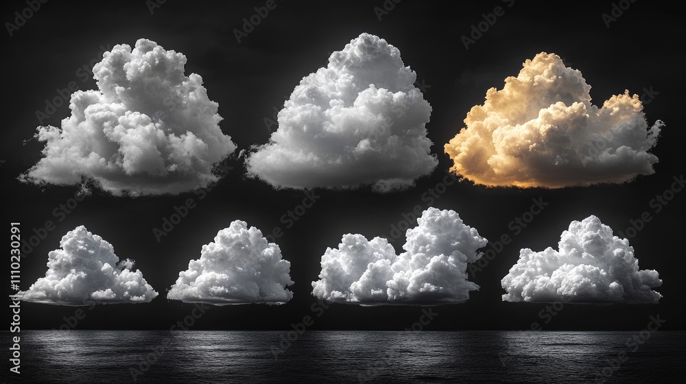 Poster collection of white clouds on black background with a single orange cloud emphasizing contrast and t