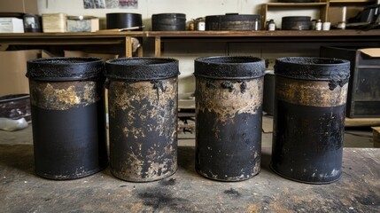 Fototapeta premium Ink containers with worn labels and rubber handling tools arranged in an industrial print shop ready for screen printing on T-shirts
