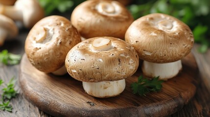 Freshly harvested brown mushrooms displayed on a wooden surface with herbs in the background for culinary use and natural food concepts.