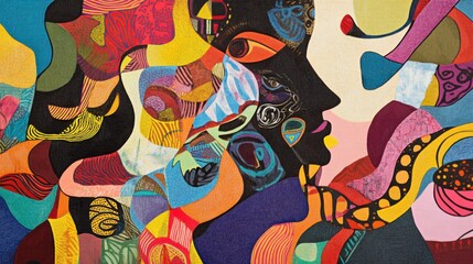 An abstract portrayal of cultural fusion with overlapping traditional art forms from various cultures creating a single cohesive artwork, representing cultural integration, minimalist composition