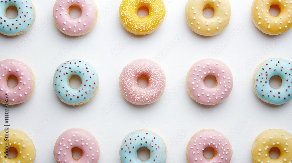 Poster colorful assortment of frosted donuts with sprinkles on a white background perfect for dessert and b