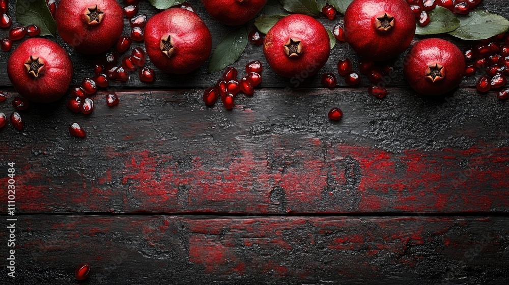 Poster Red pomegranates and scattered seeds on a rustic wooden surface creating a vibrant and rich autumnal display