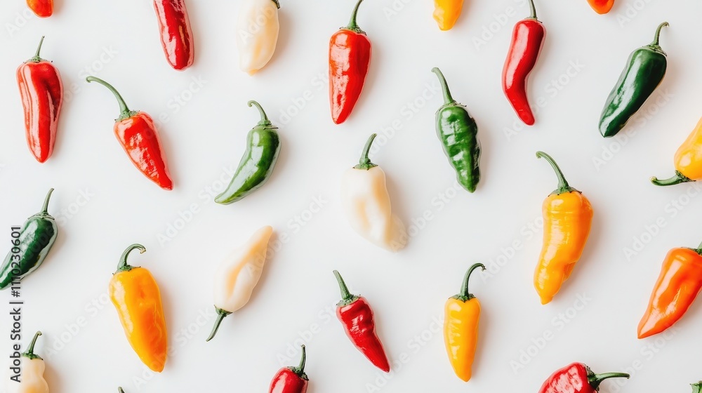 Poster colorful array of assorted chili peppers arranged artistically on a white background showcasing vibr