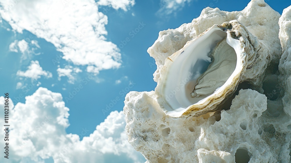 Aufkleber beautiful white oyster shell against a clear blue sky with fluffy clouds capturing the essence of na