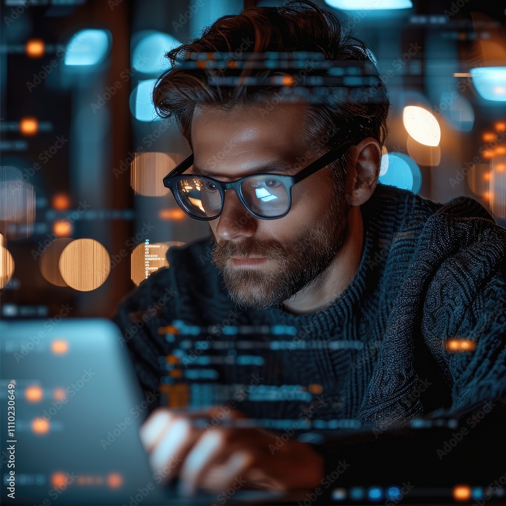 Poster man, A confident IT professional. He is sitting and working on a laptop, with semi-transparent windows displaying code floating around him.