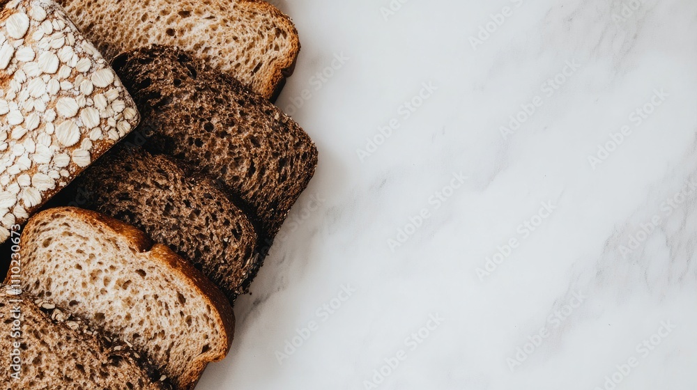 Poster whole wheat bread slices arranged on a light marble background highlighting texture and color for he