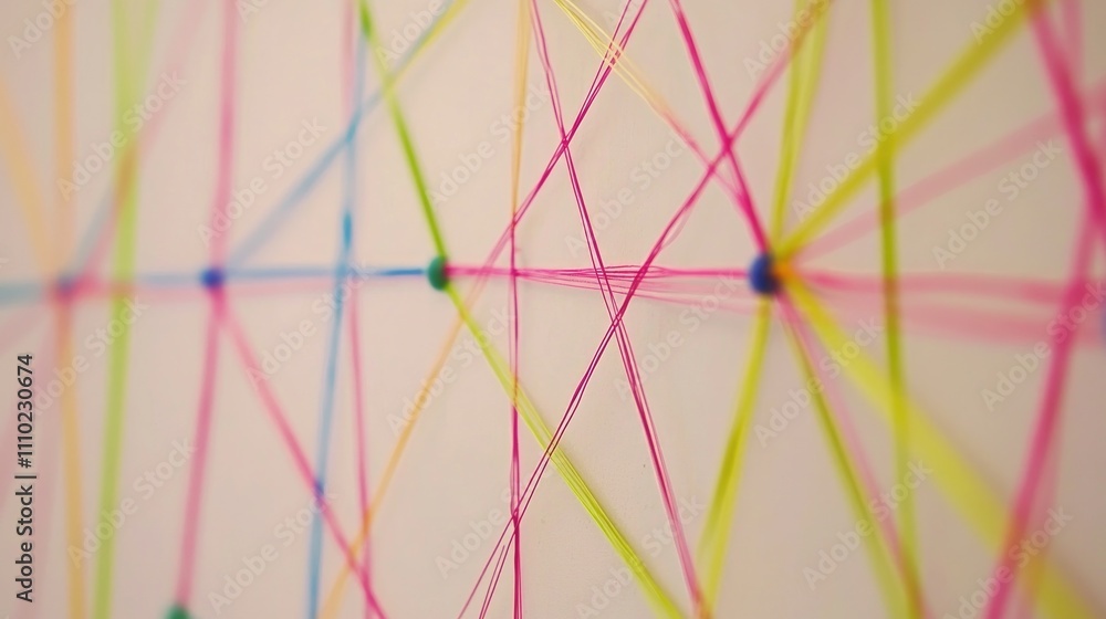 Poster multi-colored wires arranged in a geometric pattern against a white background, featuring vibrant hu