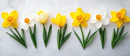 Spring flower arrangement featuring vibrant daffodils and tulips on a clean white background creating a fresh seasonal aesthetic