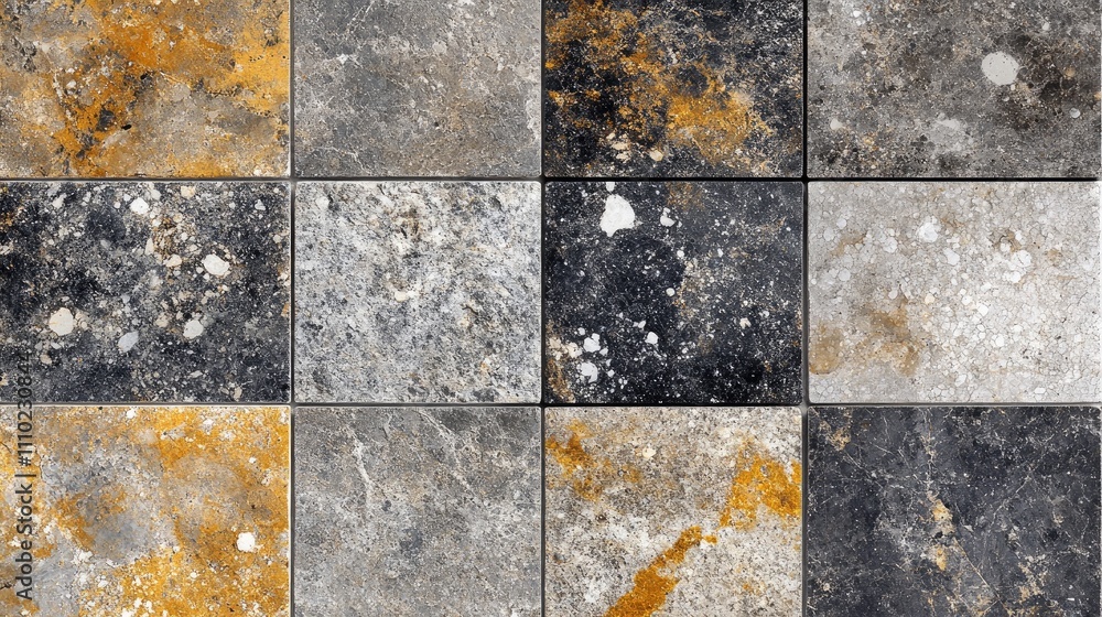 Aufkleber Granite floor tile samples showcasing diverse textures and colors arranged in a grid display for retail promotion.