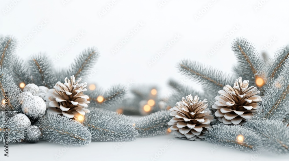 Poster Frosted pine branches with pinecones and soft glowing lights on a white background creating a serene winter holiday atmosphere
