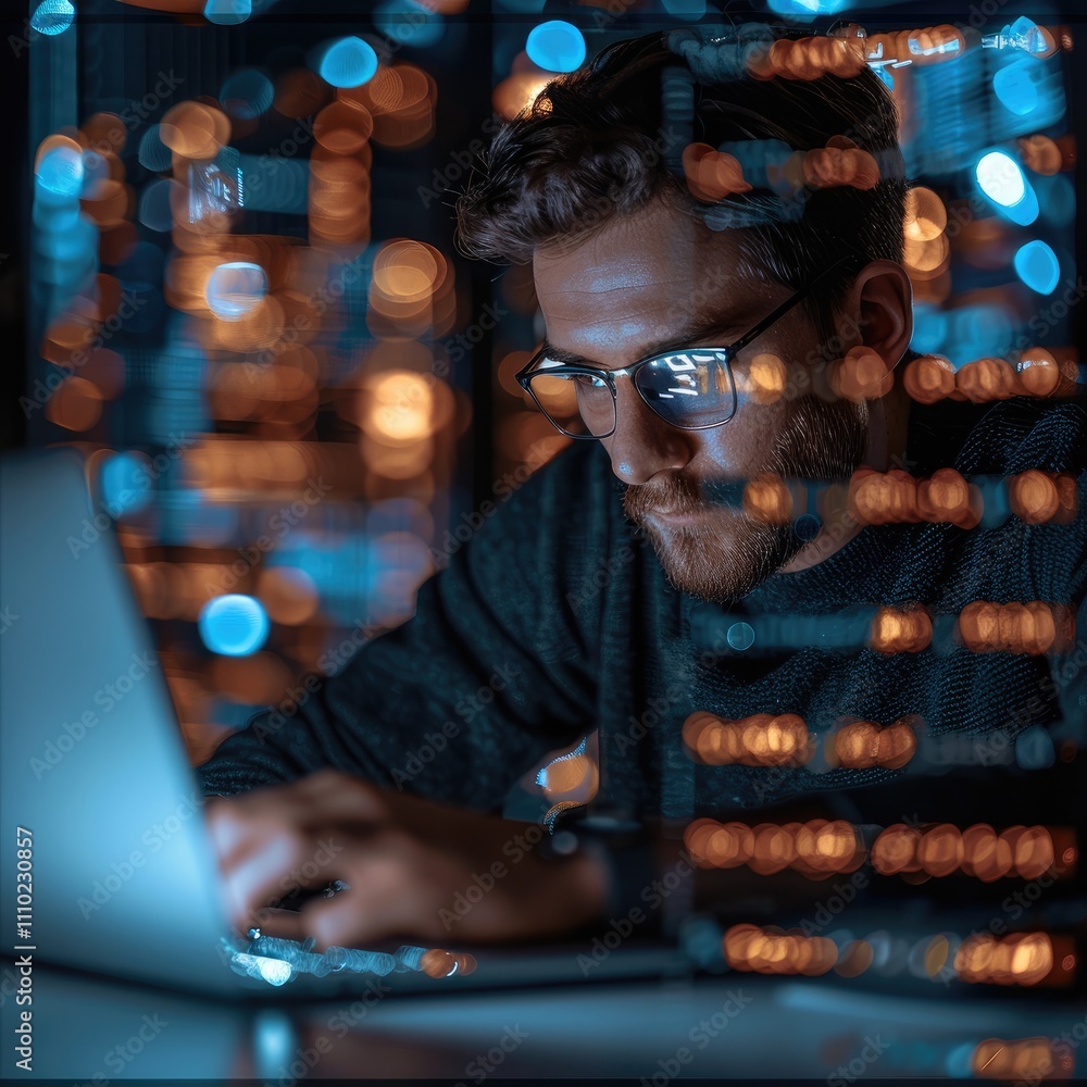Poster man, A confident IT professional. He is sitting and working on a laptop, with semi-transparent windows displaying code floating around him.