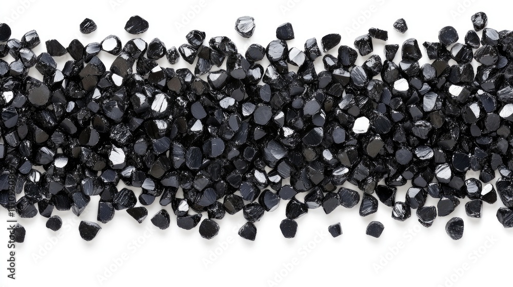 Poster black coal granules arranged neatly on a clean white surface showcasing texture and color variations