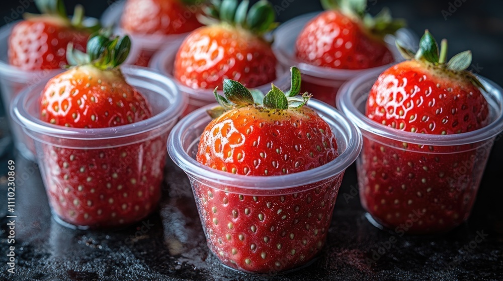 Poster Fresh strawberries in transparent containers arranged on a dark background showcasing vibrant red color and details of the fruit.