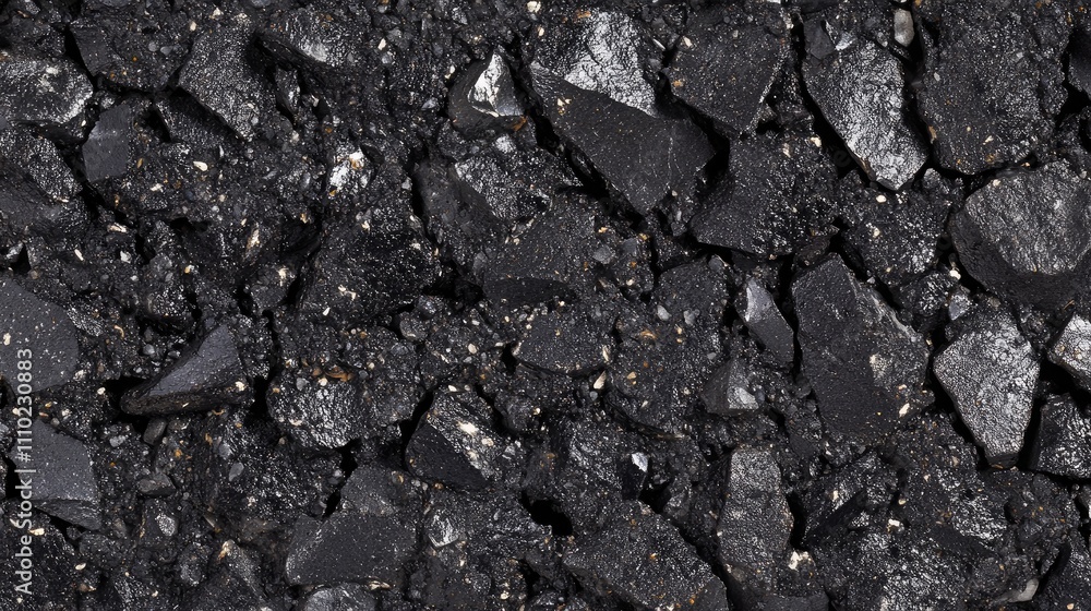 Poster Close-up of dark crushed stone texture ideal for backgrounds, showcasing a rough, grungy appearance with a variety of angular rock fragments.