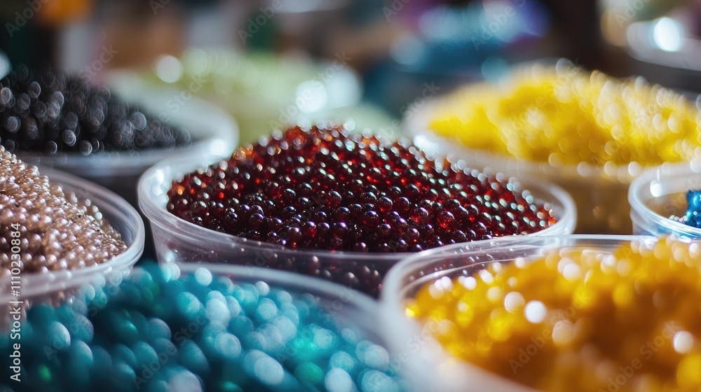Poster vibrant assortment of colorful beads arranged in containers showcasing various textures and hues for