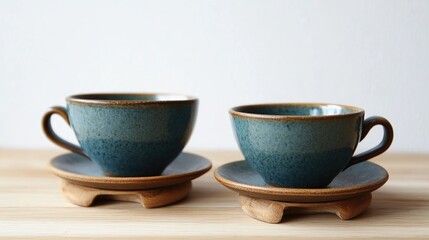 Fototapeta premium Handcrafted ceramic coffee cups elegantly displayed on unique wooden stands against a minimalist background