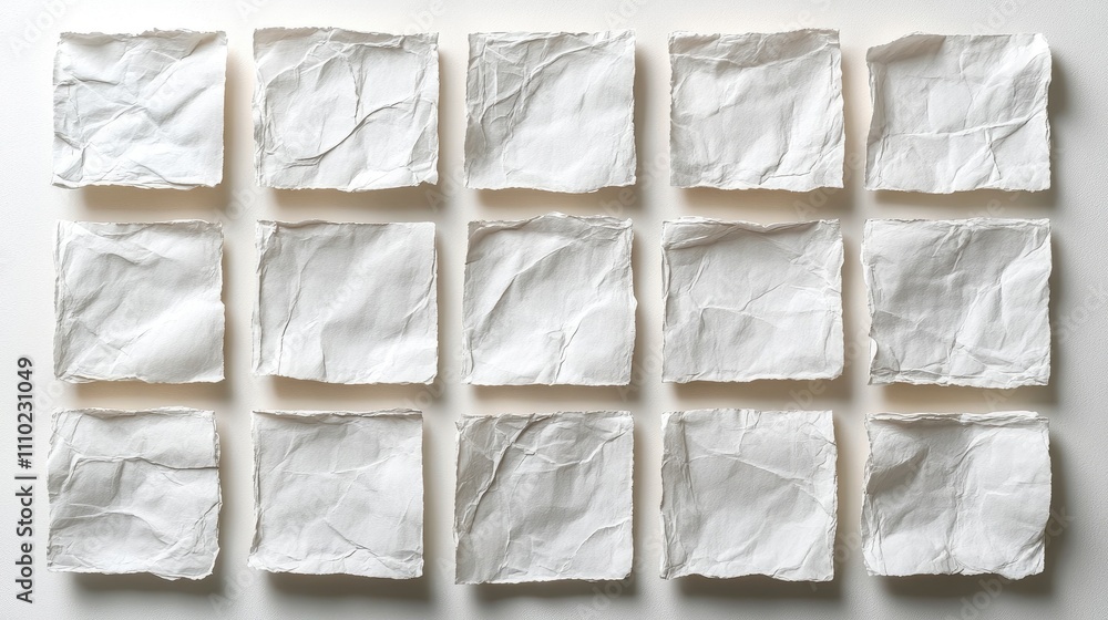 Poster Crumpled squared paper pieces arranged in a grid pattern on a clean white background showcasing texture and minimalistic design elements