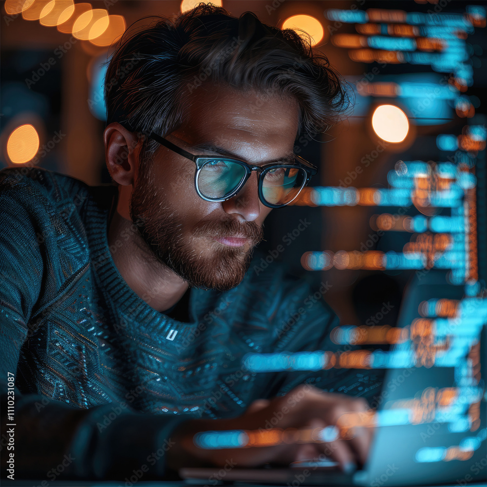 Poster man, A confident IT professional. He is sitting and working on a laptop, with semi-transparent windows displaying code floating around him.