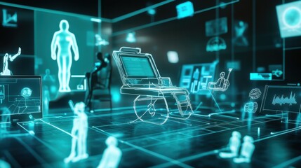 An abstract portrayal of disability inclusion in technology with a futuristic tech hub showcasing adaptive devices and inclusive tech setups, symbolizing equal access to technological innovation