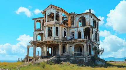Fototapeta premium Abandoned multi-storey house in disrepair surrounded by grass under a clear blue sky showcasing architectural decay and neglect