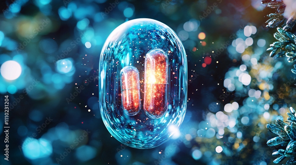 Poster health immune strength in futuristic capsules with glowing abstract shapes and dynamic visualization