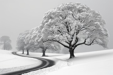 Monochrome scene of a snow covered road winding through a winter forest landscape