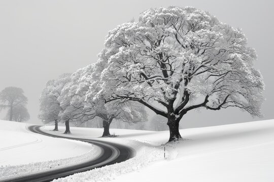 Monochrome scene of a snow covered road winding through a winter forest landscape - Powered by Adobe