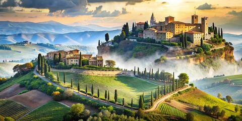 Captivating Double Exposure of Tuscany Map Merging with Scenic Landscapes, Vineyards, and Historic Architecture for Enchanting Travel Imagery and Artistic Presentation