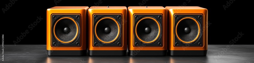 Poster vibrant orange speakers in a row showcasing unique design and quality sound performance in a sleek, 